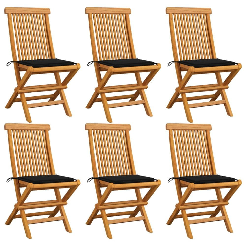 Vidaxl Záhradné stoličky, čierne podložky 6 ks, tíkový masív